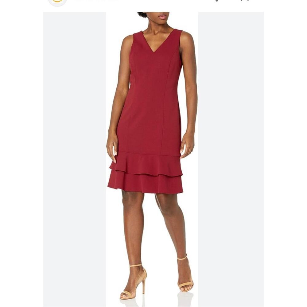 Nine West Double Ruffle Hem Career Women's Dress Knee-Length Red Sleeveless Sz 8